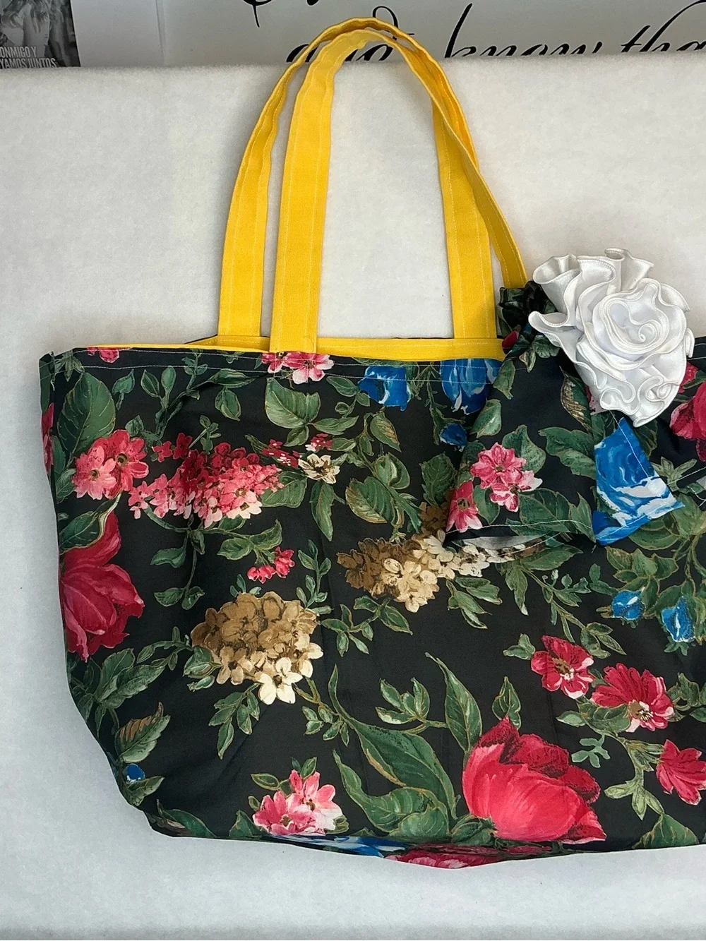 2034 - Sunny Yellow Canvas Tote with Floral Scarf and Rosette - Picture 12 of 16
